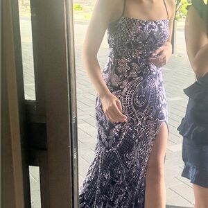 Windsor Lilac Sequin Halter lace up back Prom Gown with Thigh Slit